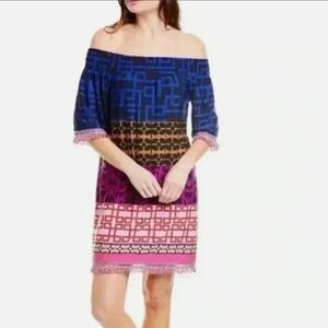Trina Turk Geometric Off-Shoulder Fringe Dress #3418